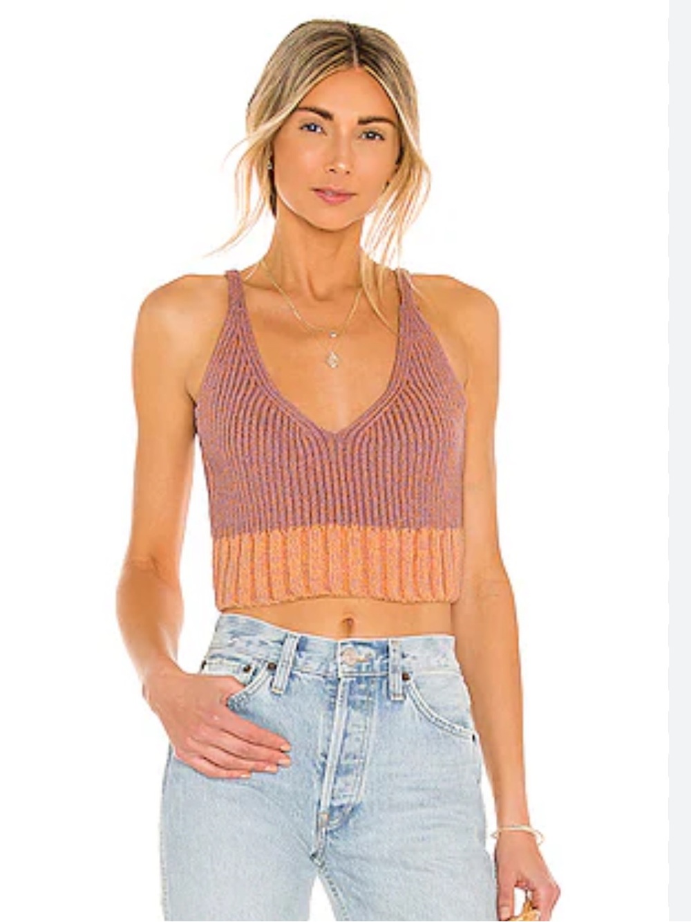 Free People Ribbed V-Neck Cropped Brami in Mauve and Peach